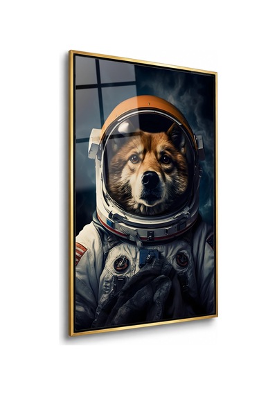 Astronot Giysili Köpek Gold Çerçeveli Cam Tablo