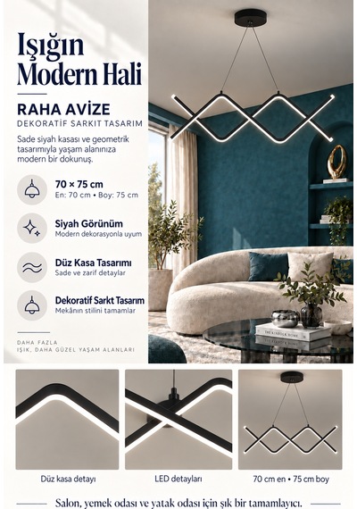 Raha Büyük Modern Ledli Avize 3 Renk Power Ledli Siyahyatak Odası Salon Mutfak Siyah