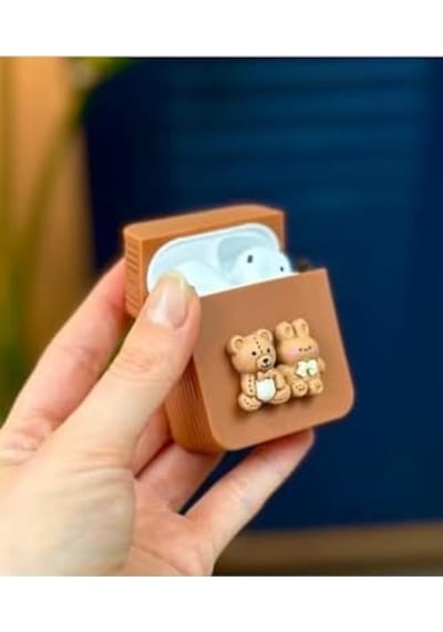 Airpods 1. Nesil Ve 2. Nesil İle Uyumlu Ayıcık Tasarımlı Kalın Silikon Kılıf - Brown