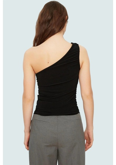 Ersefa Fitted Tek Omuz Bluz Esnek Örme Crop Boy Modern Stil Premium Kali siyah