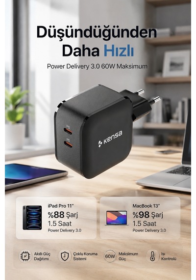 60w Çift Portlu Usb-c Girişli Akıllı Hızlı Şarj Adaptörü