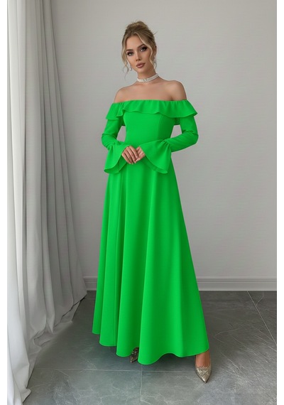 Defymoda Kadın Modern Kesim Fırfır Detaylı Elbise Yeşil