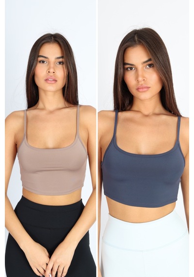 Soft&Basic Kadın 2'li Comfortlux Fit Askılı Spor Sütyeni Spor Bralet Kahverengi-mavi