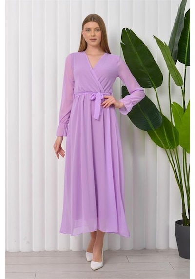 Neşeli Butik Kadın Bağlama Detaylı Uzun Şifon Elbise Kts003 - Lila Lila