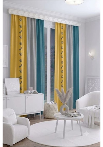 Bebek Çocuk Odası Fon Perdesi 140x260 Cm 2 Kanat Sevimli Desenli Dekoratif Dijital Baskılı Premium Çocuk Odası Perdesi Sarı