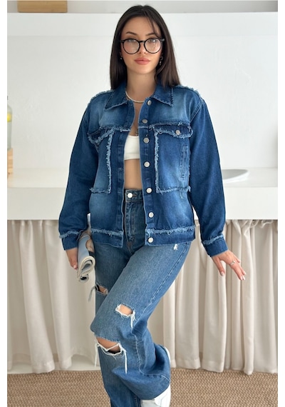 Femelle Kadın Mavi Saçaklı Dikiş Detaylı Oversize Denim Kot Ceket