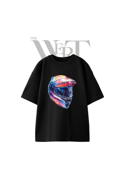 Thewert Motosiklet Kask Tasarım Baskılı Ünisex Siyah Oversize T-shirt