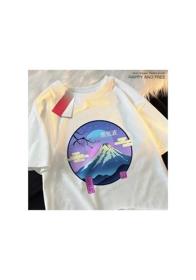 Tarzsokak Beyaz Japon Harajuku Sakura Fuji Dağı Tee Elbise Yaz Hip Hop Tshirt Crewneck Gr