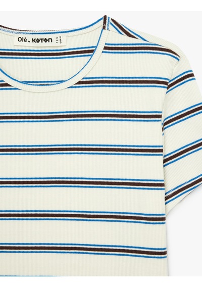 Koton Çizgili Pamuklu Bisiklet Yaka Kısa Kollu Slim Fit Tişört Mavi Çizgili 6sal10537ık