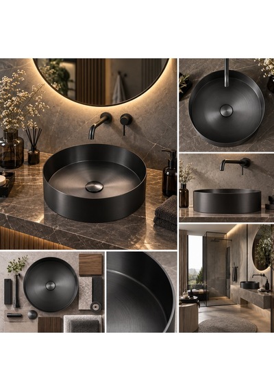 Alfas Aura Round 40 Cm Pvd Antrasit Mat Siyah Tezgah Üstü Çanak Lavabo 304 Paslanmaz Çelik Gun Black
