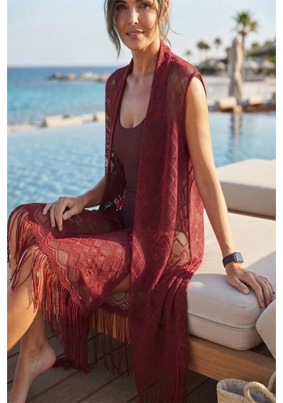 Maşuka Dantel Detaylı Püsküllü Plaj Pareosu Ve Kolsuz Kimono, Yelek Aksesuar Bordo Bordo