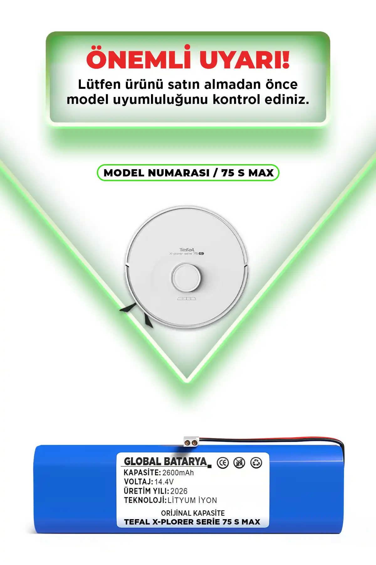 Tefal X-plorer 75 S Max Uyumlu Robot Süpürge Bataryası 14.4v 2600mah Li-ion Pil  Kapasite