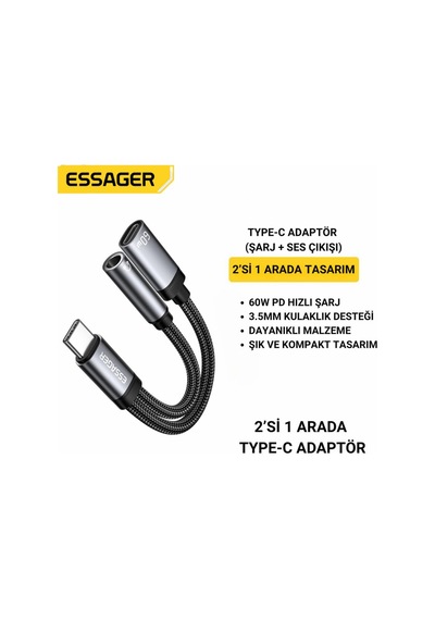 Essager 60w Şarj 2in1 Type-c To Aux Dönüştürücü Çevirici Hızlı Şarj +3.5mm Kulaklık Çıkışı, Hifi Ses Ve Hızlı Şarj Adaptörü -