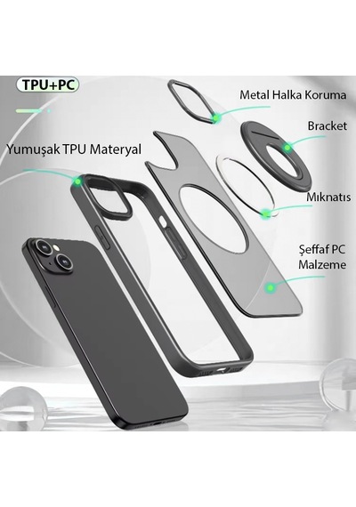 Ally Apple Uyumlu iPhone 15 Plus İçin Magsafe Yüzük Standlı Manyetik S