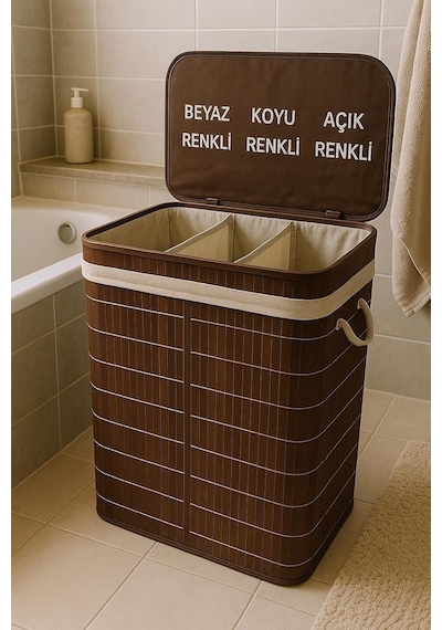 Lüks Bambu 3 Bölmeli Çamaşır Kirli Sepeti 52x32x60cm Büyük Boy 100 Lt Siyah