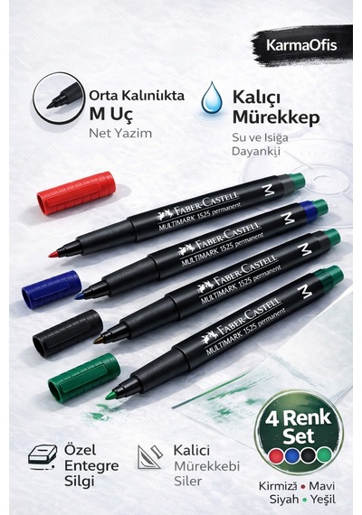 Multimark 1525 Permanent Markör 4'lü Set M Uç Cam Cd Plastik Metal Yazım Kalemi Ekru