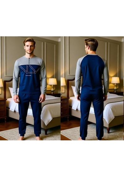 Bonbon Erkek Pamuklu Gri - Lacivert Renk Pijama Takımı Al008-2 Gri - Lacivert