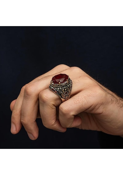 Oval Kırmızı Paraiba Taşlı 925 Gümüş Erkek Yüzük Beyaz