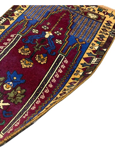 El Dokuma Eskitme Vintage Yahyalı Halısı Seccade 59x104 Kök Boya Yün Küçük Namazlık Renkli