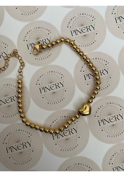 Pinery Jewels İri Kalp Sıralı Toplu Kararmaz Kelepçe Kadın Bileklik Altın