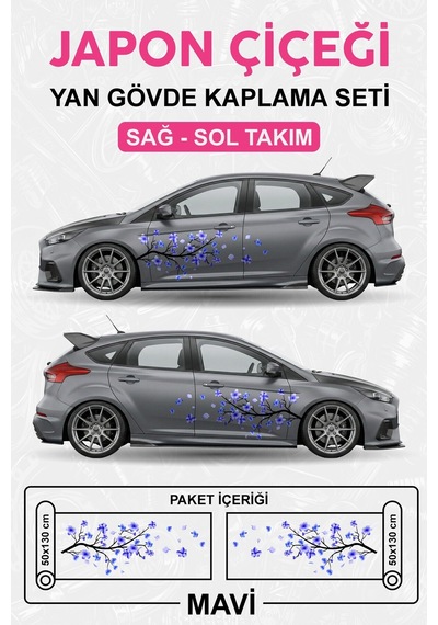 Japon Çiçeği Sakura - Yan Gövde Sticker Seti Kaplama Mavi - 864812520