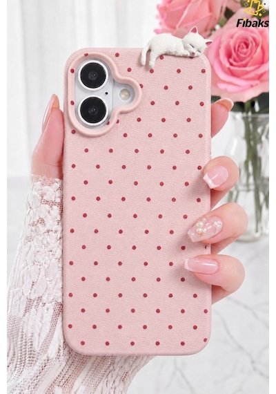 Fibaks iPhone 16 Uyumlu Kılıf 3d Kedi Pembe Puantiye Noktalı Figürlü Kamera Korumalı Silikon