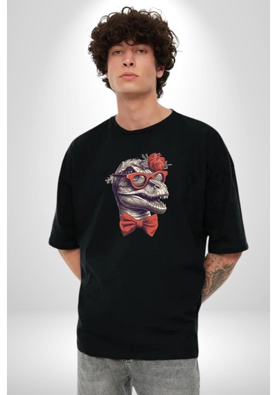 Kırmızı Gözlük Papyon Dinazor Pamuklu Bisiklet Yaka Unisex Oversize Boyfriend Dijital Baskılı Siyah T-shirt Siyah
