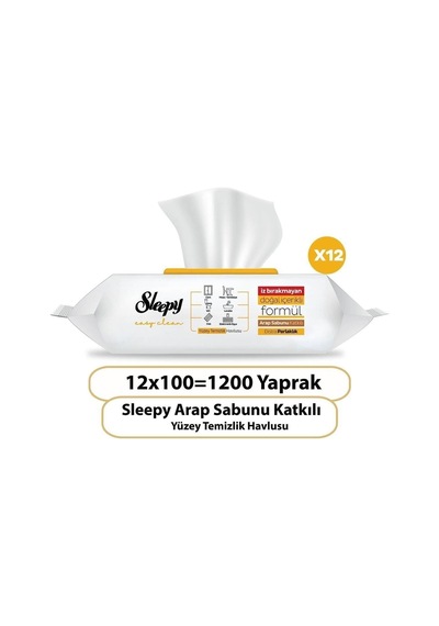Sleepy Easy Clean Arap Sabunu Katkılı Yüzey Temizlik Havlusu 100' Lü X 12 Adet Diğer