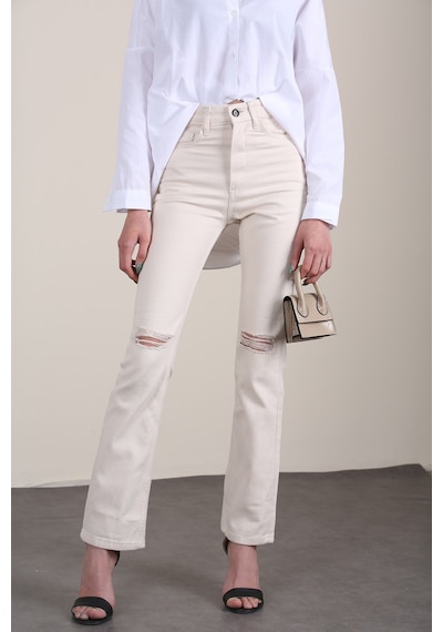 Mad Girls Bej Yırtık Detaylı Dar Kalıp Jean Mg1305-Bej