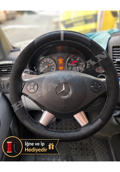 Mercedes Sprinter W906 Dikme Direksiyon Kılıfı Alcantara Süet Mat Karbon Gri Yüzük Ve Dikiş 2006-2013