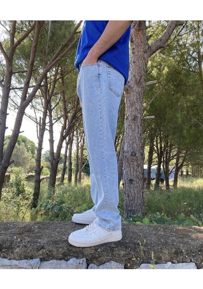 Yıkamalı Buz Mavi Baggy Pantolon Buz Mavi