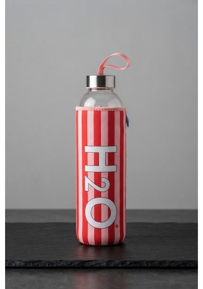 H2o Desenlı Kılıflı 750 Ml Cam Matara Çızgı Pembe