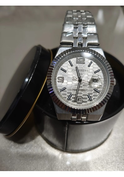 Analog Quartz Makina Metal Erkek Kol Saati Beyaz Kadran Su Geçirmez Altın - Gümüş