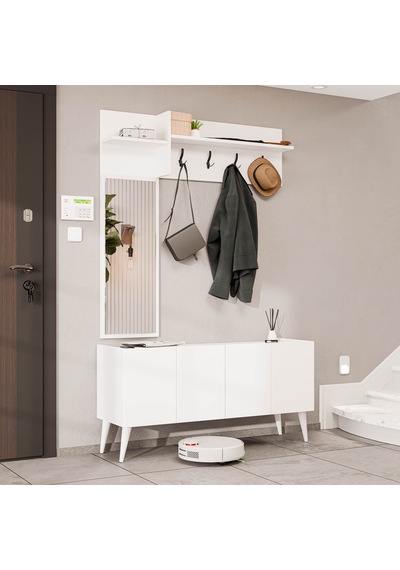 5064 Theo 4 Kapaklı 6 Raflı 4 Askılı Sol Aynalı Portmanto Beyaz