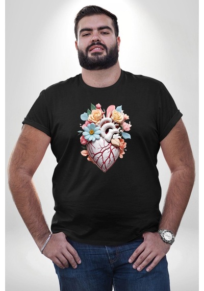 Angemiel Porselen Çiçek Kalp Siyah Büyük Beden Erkek Kadın Unisex Basic Ön Baskılı Tişört Siyah