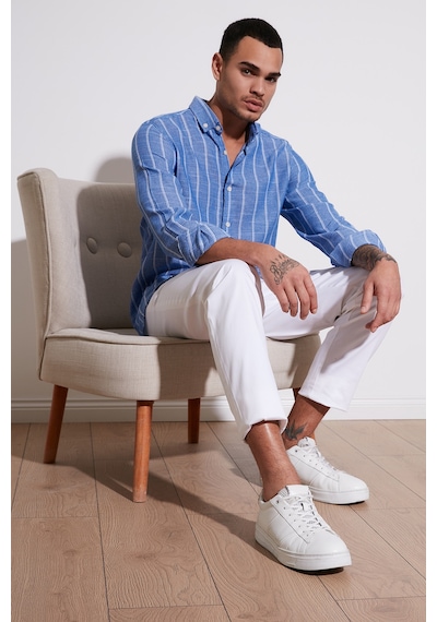 Buratti Pamuklu Çizgili Regular Fit Düğmeli Yaka Erkek Gömlek Cf21S112480 Saks-Beyaz