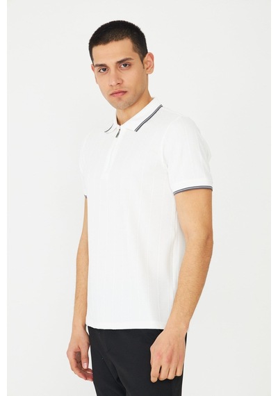 Beyaz Fermuarlı Polo Yaka Erkek T-shirt Beyaz
