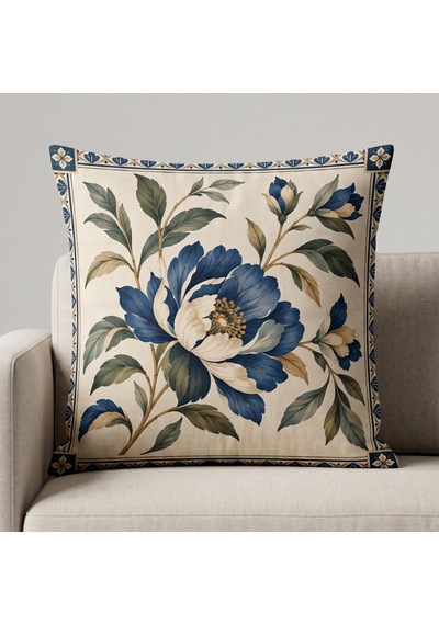 4'lü Klasik Madalyon Ve Botanik Desenli Dekoratif Kırlent Kılıfı Takımı - 43x43 Cm Çift Taraflı Lacivert - Haki Lacivert
