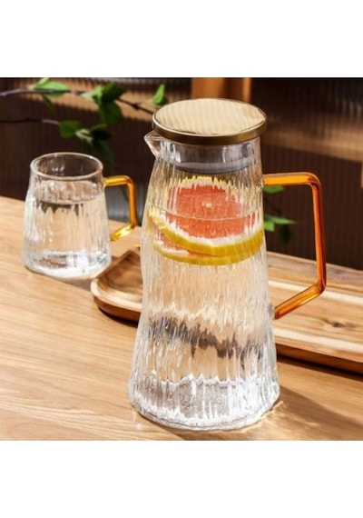 Morponi Borosilikat Cam Metal Kapaklı Lüks Cam Sürahi 1800 Ml Amber Dalgalı Mt