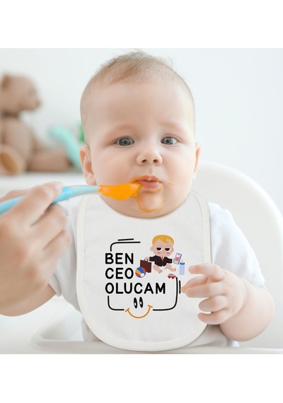 BK Kids Ceo Olucam Tasarımlı Beyaz Bebek Mama Önlüğü-1 Beyaz