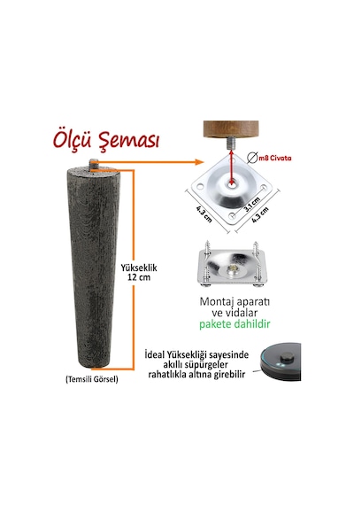 8 Adet Ahşap Ayak 12 Cm Siyah M8 Civatalı Bağlantı Aparatlı Dolap Mobilya Koltuk Kanepe Destek Ayağı Ayakları Siyah