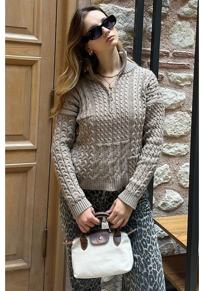 Madmext Vizon Dik Yaka Fermuar Detaylı Örme Kazak Mg2229 Vizon