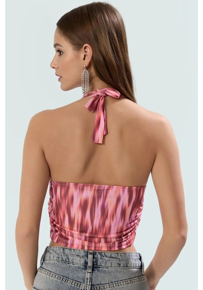 Ersefa Vücuda Oturan Boyundan Bağlamalı Crop Bluz Polyester Elastan Sand Pembe