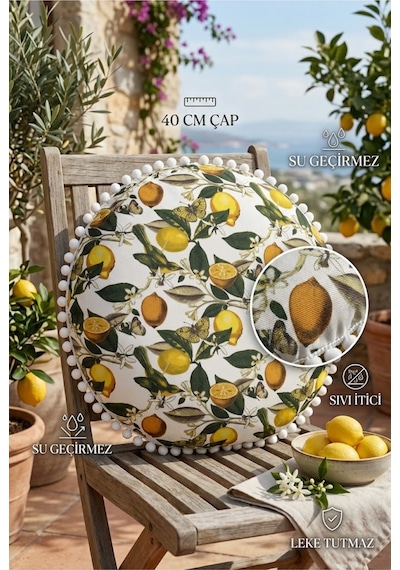 Yuvarlak Minder 40 Cm Ponponlu Limon Desenli Su Geçirmez Sıvı İtici Bahçe Balkon Minderi Çok Renkli