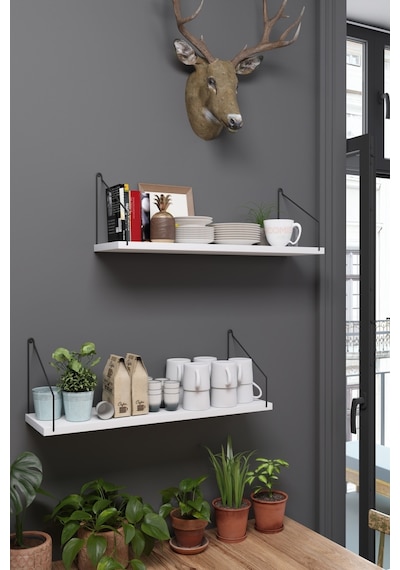 2'li Duvar Rafı Seti 20x70 Cm - Beyaz Raf Siyah Metal Kollu Kitaplık Ve Mutfak Düzenleyici