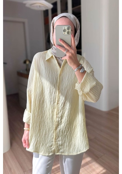 Kahijab Nakışlı Pul Detay Oversize Gömlek - Sarı