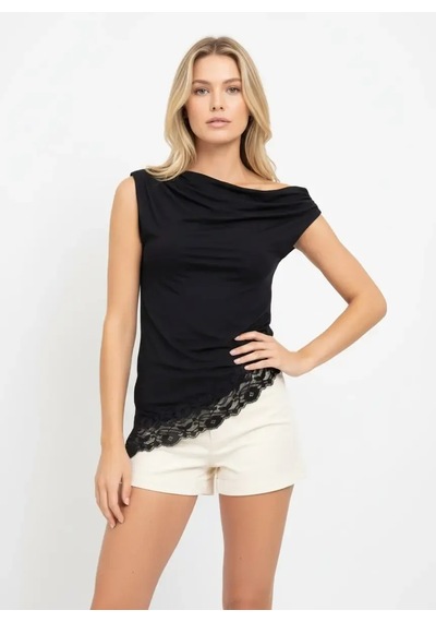 Kadın Kayık Yaka Asimetrik Kesim Dantel Detay Tasarım Slim Fit Modal Bluz 26001 Siyah