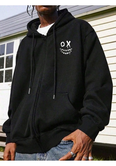 O X Yüz Fermuarlı Hırka Sweatshirt - Siyah Baskılı Oversize Kışlık Kalın Kapüşonlu Siyah