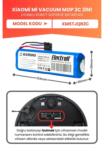 Xiaomi Mi Vacuum Mop 2c 2in1 Uyumlu Batarya Yüksek Kapasite 2800mah Robot Süpürge Pil Xmstjqr2c