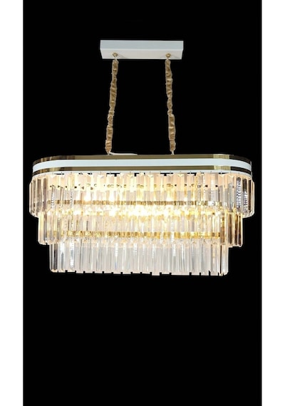 Beyaz Şeritli 70x30 Cm Lik Kristal Taşlı Lüks Avize - Yatak Odası - Salon - Mutfak - Hol Altın